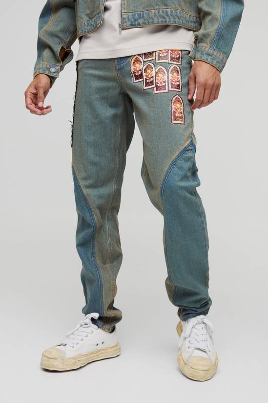 Slim Stacked Gothic Applique Jeans
