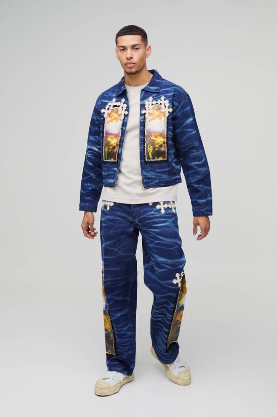 Relaxed Cross Applique Crinkle Washed Jeans