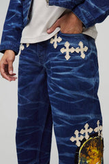 Relaxed Cross Applique Crinkle Washed Jeans