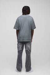 Slim Flared Acid Wash Cross Applique Gusset Jeans