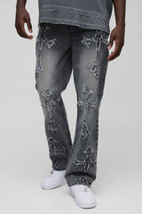 Slim Flared Acid Wash Cross Applique Gusset Jeans