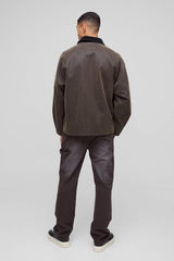 Oversized Boxy Peached PU Contrast Collar Worker Jacket