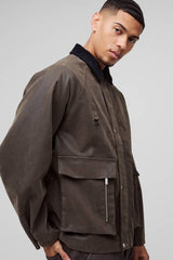 Oversized Boxy Peached PU Contrast Collar Worker Jacket