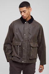 Oversized Boxy Peached PU Contrast Collar Worker Jacket