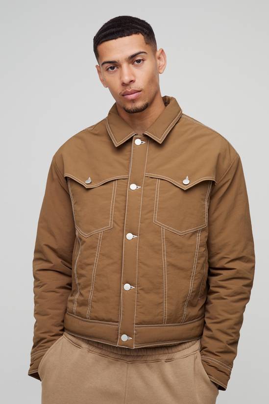 Boxy Nylon Contrast Stitch Western Padded Trucker Jacket