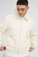Oversized Borg Collar Twill Hooded Bomber Jacket