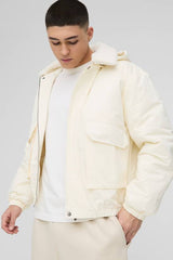 Oversized Borg Collar Twill Hooded Bomber Jacket