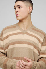 Oversized Boxy V Neck Striped Knitted Jumper