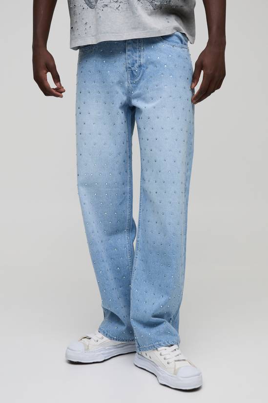 Relaxed Fit All Over Rhinestone Embellished Jeans