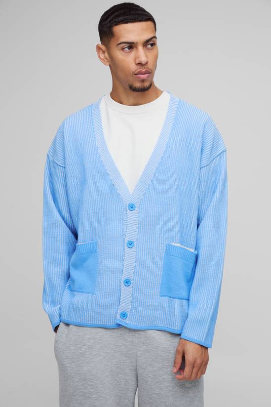 Oversized Boxy Dropped Shoulder Plated Ribbed Knitted Cardigan