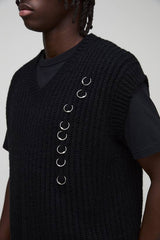 Oversized Ring Detail V Neck Ribbed Knitted Vest