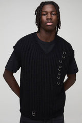 Oversized Ring Detail V Neck Ribbed Knitted Vest
