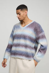 Oversized Boxy Brushed Stripe V Neck Knitted Jumper