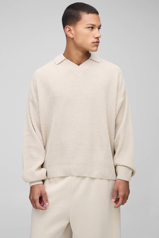 Oversized Boxy Double Collar Detail Knitted Polo