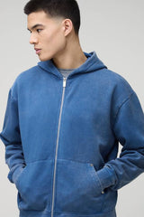 Oversized Boxy Zip Through Denim Wash Hoodie