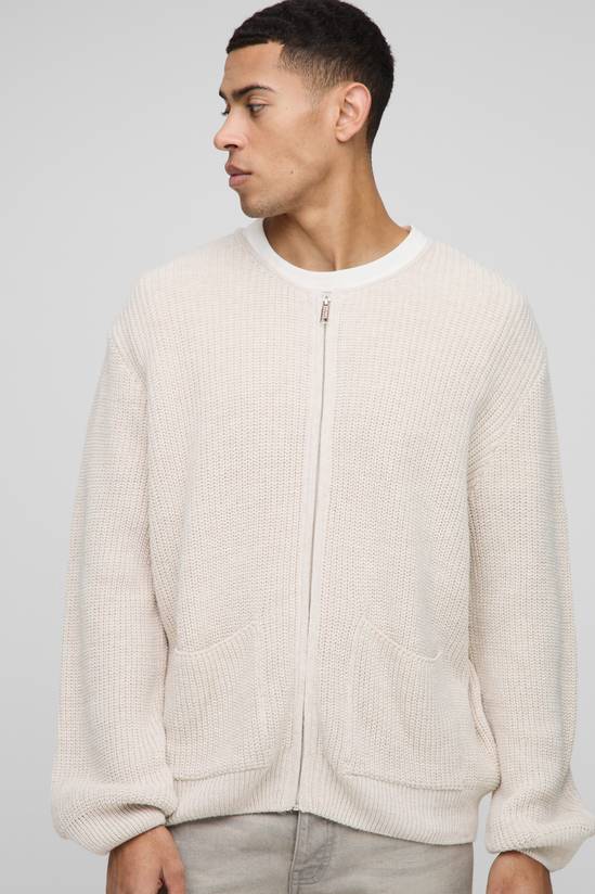 Regular Fit Ribbed Zip Through Collarless Knitted Cardigan