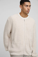 Regular Fit Ribbed Zip Through Collarless Knitted Cardigan