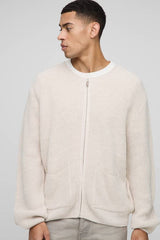 Regular Fit Ribbed Zip Through Collarless Knitted Cardigan