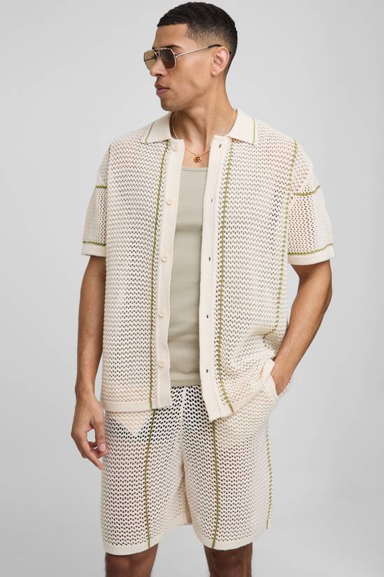 Regular Fit Open Stitch Stripe Button Through Knitted Shirt Set