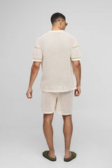 Regular Fit Open Stitch Stripe Button Through Knitted Shirt Set