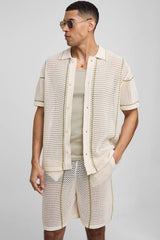 Regular Fit Open Stitch Stripe Button Through Knitted Shirt Set