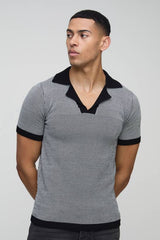 Muscle Fit Revere Collar Ribbed Plated Knitted Polo