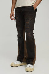 Rigid Slim Flared Ripped Detail Washed Jeans