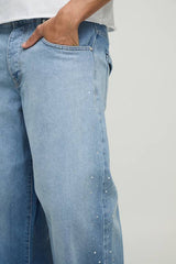 Rigid Baggy Rhinestone Washed Jeans