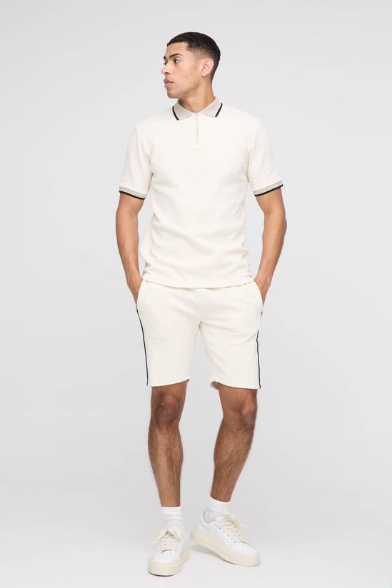Slim Fit Pique Interlock Stripe Polo and Shorts Set