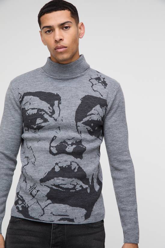 Muscle Fit Extended Neck Plated Face Graphic Knitted Jumper