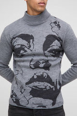 Muscle Fit Extended Neck Plated Face Graphic Knitted Jumper