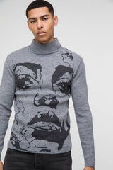 Muscle Fit Extended Neck Plated Face Graphic Knitted Jumper