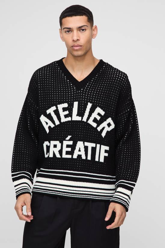Boxy Crochet Look Stripe V Neck Knitted Jumper