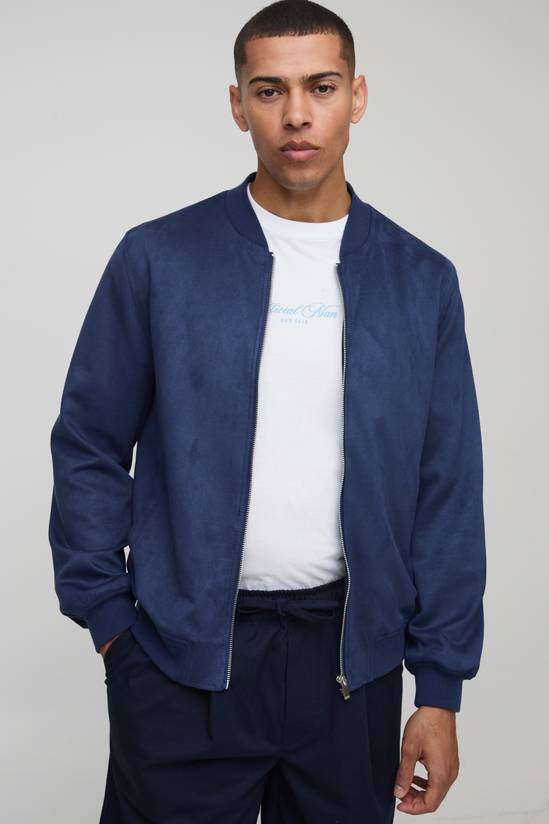 Faux Suede Regular Fit Bomber Jacket