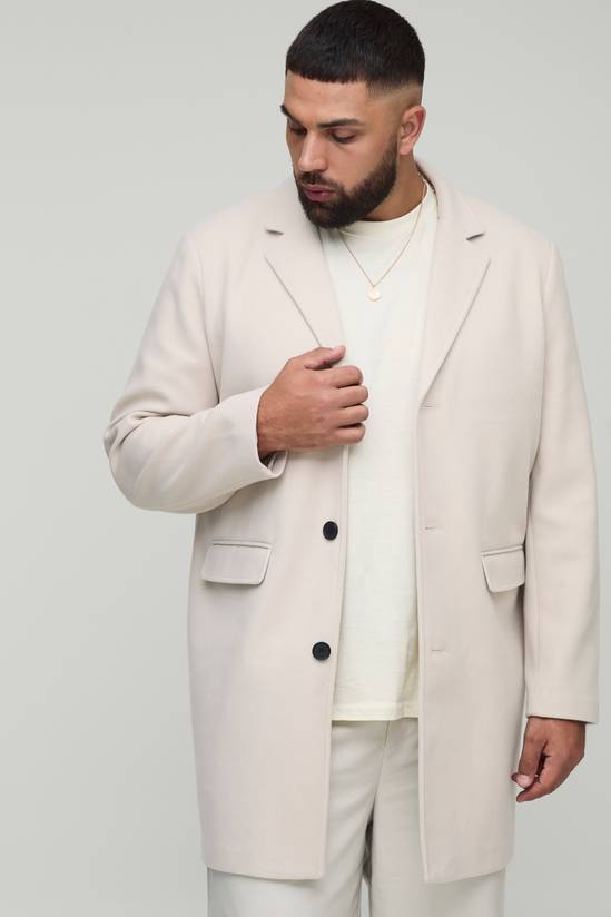 Plus Single Breasted Wool Look Regular Fit Overcoat in Beige