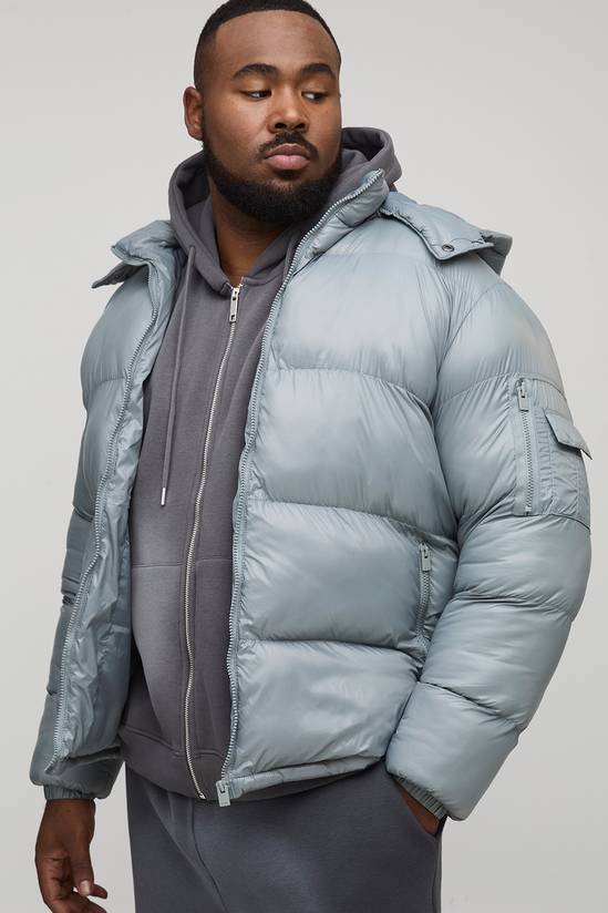 Plus High Shine Regular Fit Hooded Puffer in Grey