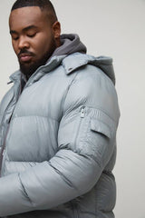 Plus High Shine Regular Fit Hooded Puffer in Grey