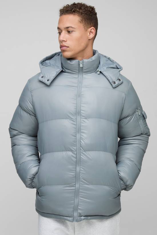 Tall High Shine Hooded Regular Fit Puffer in Grey