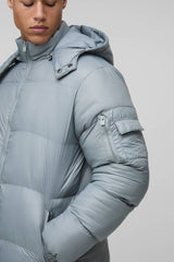 Tall High Shine Hooded Regular Fit Puffer in Grey