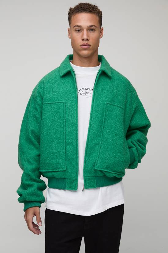 Tall Boxy Boucle Ruched Sleeve Bomber Jacket In Green