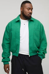Plus Boxy Boucle Ruched Sleeve Bomber Jacket In Green