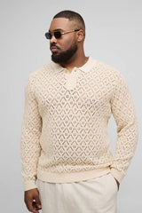 Plus Oversized Crochet Long Sleeve Polo Shirt