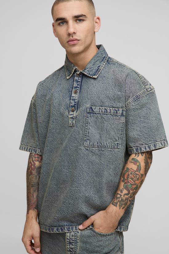3/4 Sleeve Boxy Washed Rugby Denim Shirt