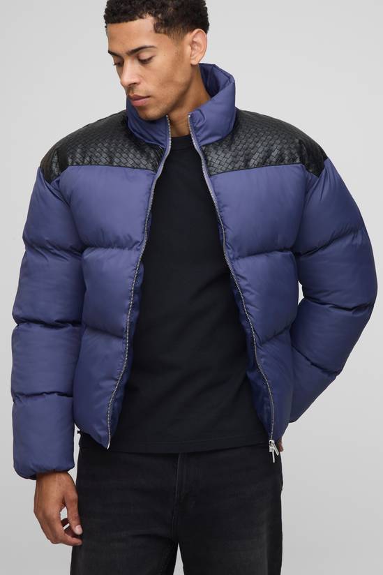 Regular Fit PU Yoke Nylon Panel Puffer Jacket