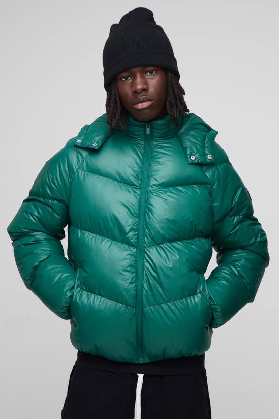 Regular Fit Sheen Panelled Hooded Funnel Puffer Jacket