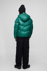 Regular Fit Sheen Panelled Hooded Funnel Puffer Jacket