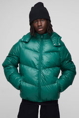 Regular Fit Sheen Panelled Hooded Funnel Puffer Jacket