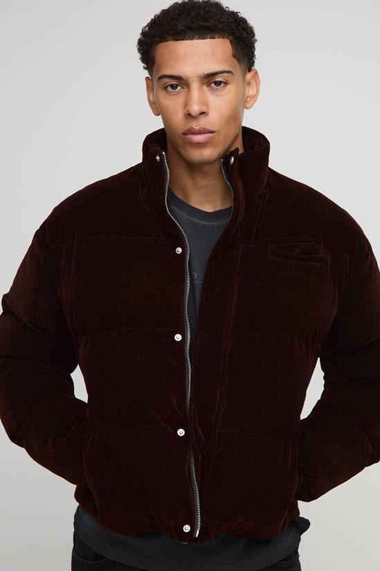 Boxy Fit Velour Funnel Neck Puffer Jacket