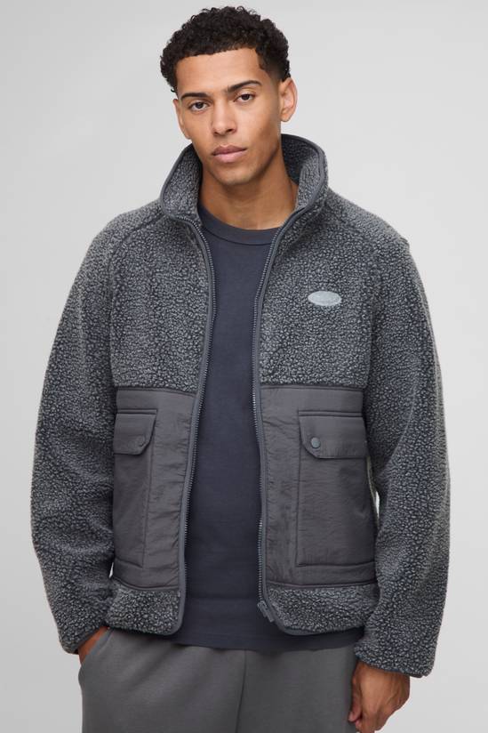 Regular Fit Two Tone Borg Nylon Mix Funnel Neck Zip Through Jacket