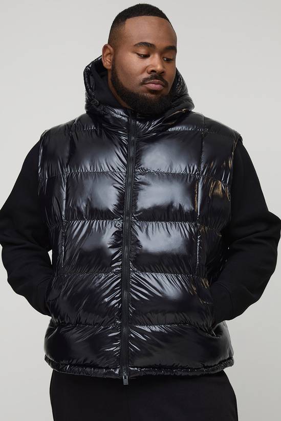 Plus Regular Fit High Shine Quilted Hooded Puffer Gilet
